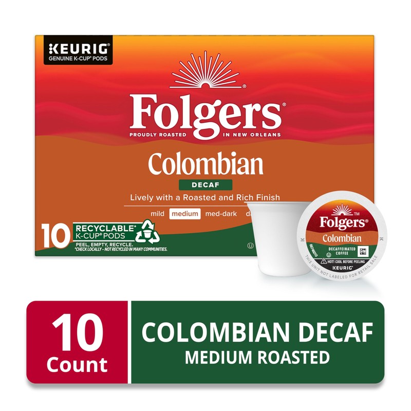 Folgers Colombian Decaf Coffee, Medium Roast, Keurig K-Cup Pods, 10