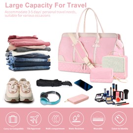 ETRONIK Weekender Overnight Bag for Women, Large Travel Duffle Bag with Shoe Compartment & Wet Pocket, Carry On Tote Bag Gym Duffel Bag with Toiletry Bag, 3 Pcs Set, Large Size, Pink