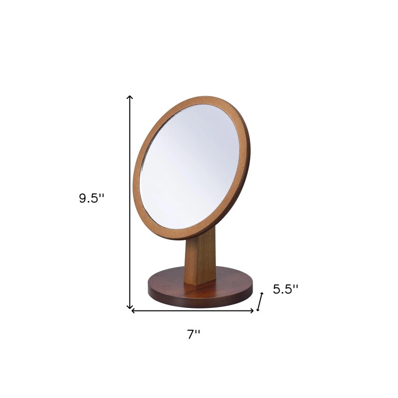 HomeRoots 10" Brown Round Framed Makeup Shaving Tabletop Mirror