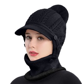 Rayson Winter Thickened Lining Hat for Women Thermal Balaclava Hood Scarf with Visor Knitted Winter Caps for Women with Pom Pom(Black,One Size)
