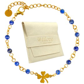 Tilove Natural Stone Lapis Lazuli Healing Stone for Women with Clover Lucky Charm Stainless Steel Designed in France Chakra Bracelet Wellbeing Gift Idea for Women 16 cm + 5 cm, Stainless steel lapis