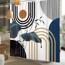Leowefowa Mid Century Shower Curtain Boho Dark Blue Tropical Emerald Plam Leaves Shower Curtains Abstract Modern Geometric Minimalist Arch Lines Curtain Decor Waterproof Durable Fabric 72x72 inch