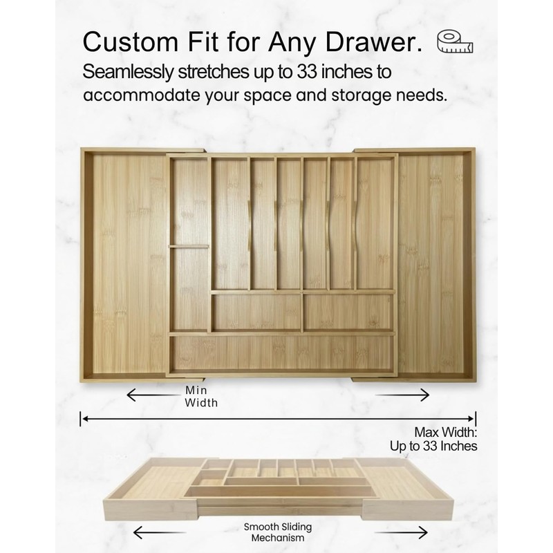 GAMYPET Expandable Bamboo Silverware Drawer Organizer – Adjustable 33" Wide