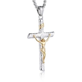 HZMAN Crucifix Cross Necklace for Men Women Stainless Steel Retro Jesus Cross Pendant Baptism Christian Jewelry Gift (Silver Gold)