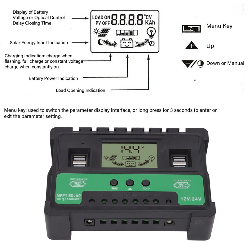 Solar Controller 12V 24V Charge Discharge PV Regulator LCD Display