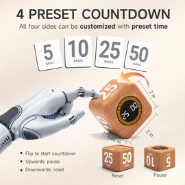 Exlliy Pomodoro Timer 5, 25, 10, 50 Minutes Preset, Desk Productivity Cube w/Gravity Sensor for ADHD, Mute Functions, Ideal for Work, Study, Kitchen, Back to School (1, Wood Grain Finish)