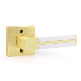 EHOMEWARE 1 Pack Gold Door Lever with White Leather Handle, Brass Interior Door Handle, Keyless Dummy Door Handle, Pull or Push Function for Pantry/Store Room/French Doors, Single Side Door Lever