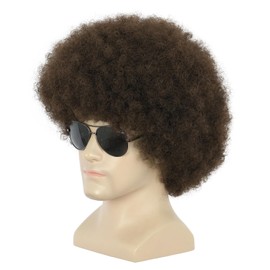 yuehong Short Dark Brown Curly Fluffy Afro Wig 70s80s Disco Costume Hair Soft Breathable Heat Resistant Synthetic Fibers Wig Daily Party Costume for Unisex