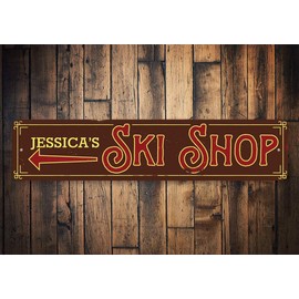 Ski Shop Arrow Sign, Name Ski Sign, Custom Ski Lodge Decor, Ski Lover Sign, Skiing Aluminum Sign - 4" x 18"