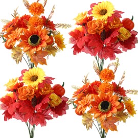 Suncalla 4 Bundles Artificial Fall Flowers Bouquet 14.6" Silk Fake Orange Flowers with Fake Pumpkin Sunflower for Wedding Floral Arrangement Vase Table Centerpiece Autumn Thanksgiving Party Decor