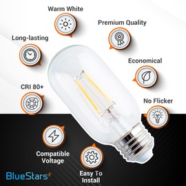 BlueStars T45 T14 Tubular E26 Edison LED Light Bulb 120V 5W (60W Equivalent), 2700K Warm White 550lm, Clear Glass for Ceiling Fan, Chandelier, Pendant, Wall Scone, Home Decoration, 3 Packs