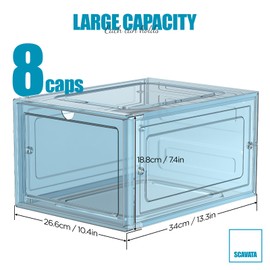 SCAVATA Hat Organizer Box, Stackable Clear Baseball Caps Holder Box Containers with Magnetic Door for Hats Snapback Cap Storag, Hat Rack Display Case, Holds 8 Hats Each (Blue, 2 Pack)