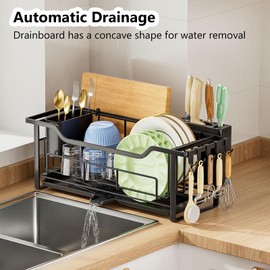 AIDERLY Narrow Dish Drying Rack for Kitchen Counter Auto Drain Iron Dish Drainer with Removable Cutlery Basket, Black