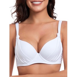 Colloyes Women's Underwire Bikini Top Push Up Swimsuit Top Ruched Molded Padded Bathing Suit Top White Size Small