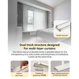 Ezcasch Ceiling Curtain Track Set - Dual Track Ceiling Mount 8ft, Heavy-Duty Double Track Rails with Silent Slides, Room Divider Double Track System, Includes Hooks/Clips/Brackets, White