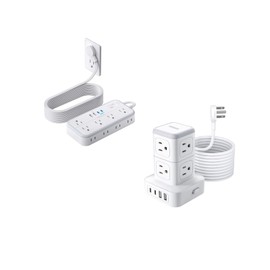 15 FT Flat Extension Cord + 10FT Tower Power Strip, NTONPOWER Surge Protector Power Strip with 4 USB Ports (2 USB C), Flat Plug, Wall Mounted Extender for Home Office Dorm Room Essentials