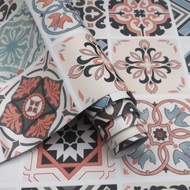 JSEVEM 16"×354" Thick Bohemian Pattern Wallpaper Peel and Stick Blue Pink Black Grey Matte Mexican Moroccan Contact Paper Vinyl Wrap Colorful Wall Tile Sticker for Kitchen Island Countertops Walls