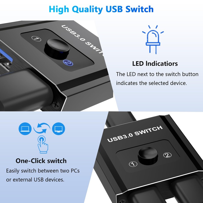 USB 3.0 Switch, Bi-Directional USB Switcher 2 in 1 Out/1