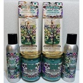 Smoke odor Exterminator Sugar Skull, Includes Two 13 oz Jar Candle Two 7 oz Spray & Two Car Hangers All in One Bundle