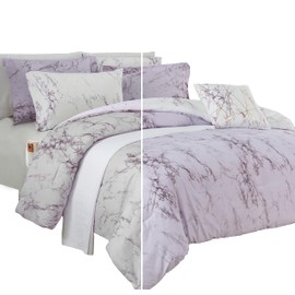 Elegant Comfort Reversible 10-Piece Comforter Set, Marble Print, Decorative Pillow and Fitted Sheet with Smart Pockets, Soft, Plush, & Lightweight Material, 10pc Marble, Full, Lilac/Purple
