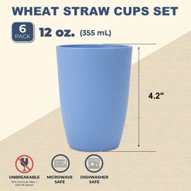 Wheat Straw Cups 6 PCS Good Alternative to Plastic Reusable Cups 12 oz Unbreakable Drinking Cup Reusable Dishwasher Safe Water Plastic Glasses Light Blue