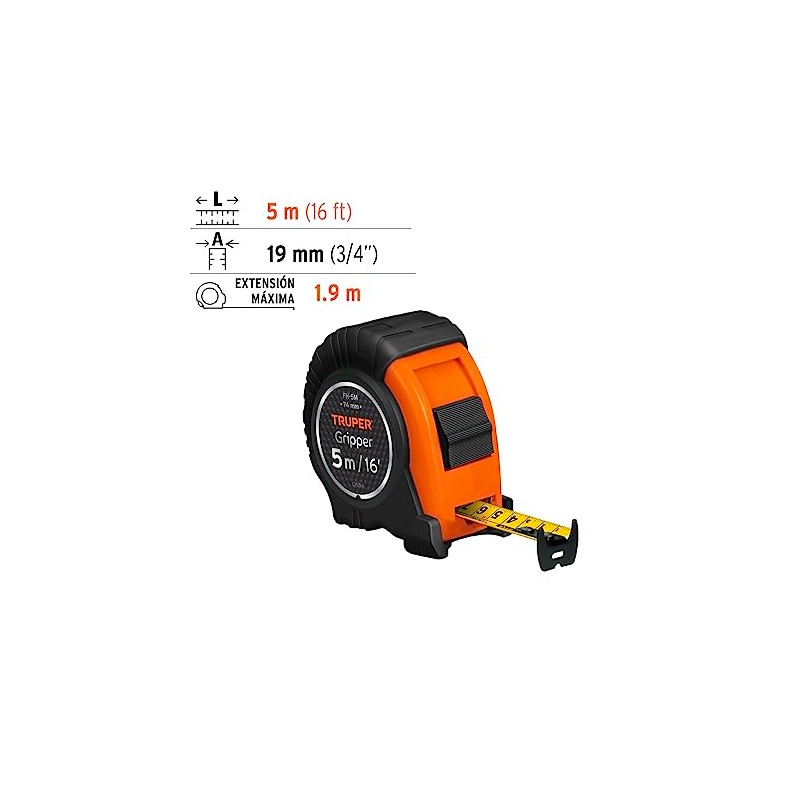 Truper FH-5M, Flexómetro Gripper, contra impacto, 5 m, cinta 19