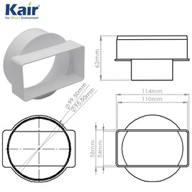 Kair Ducting Adaptor 110mm x 54mm to 100mm - 4 inch Rectangular to Round Straight Channel Connector for Converting to Different Size Duct Systems - Male