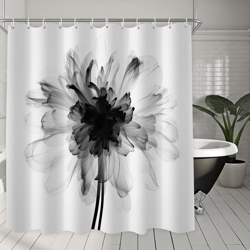 TIYAANDSY Black Flower Shower Curtain for Bathroom, Black and White