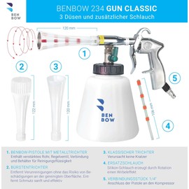 BenBow Compressed Air Cleaning Gun Classic - Whirlwind Effect for Efficient Dirt Removal in the Car - with 1 Litre Container, Funnel and Funnel with Brush