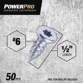 Power Pro Premium One Multi-Material Flat Head Screws, Zinc Plated Steel, Fasten in Wood, Metal, Concrete, Drywall and Plastic, Silver, #6 x ½ inch, Box of 50 Screws