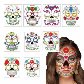 Guibell Tatuajes Temporales para Rostro de Día de Muertos, 9 Piezas Tatuajes de Calaveras de Azúcar Impermeables, Dia de Muertos Decoracion,Decoraciones para Fiesta de Disfraces (Multicolor(B))