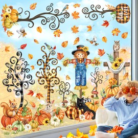 decalmile Fall Pumpkin Scarecrow Double Sided Window Clings Thanksgiving Autumn Animals Maple Leaves Tree Cross Anti-Collision Glass Doors Window Stickers Decals