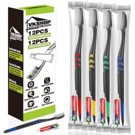 VKshop 12 PS Bulk Disposable Toothbrushes with Toothpaste, Individually Wrapped Travel Toothbrush Sets Portable and Hygienic for Home, Hotel,Travel,Party,Flight Use，Daily Backup（Black，5g Toothpaste）