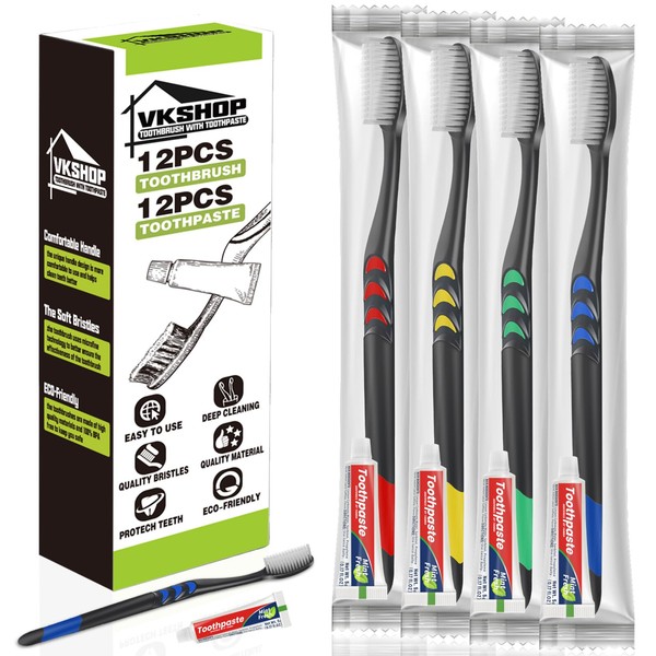 VKshop 12 PS Bulk Disposable Toothbrushes with Toothpaste, Individually Wrapped