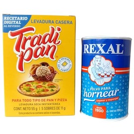 Paquete Tradi Pan Levadura Casera - Levadura seca instantánea - 5 sobres de 11 g c/u + Rexal Polvo para Hornear - 100 g