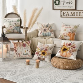 AVOIN colorlife Fall Pumpkin Wheat Cotton Sunflower Jar Autumn Thanksgiving Throw Pillow Covers, 16 x 16 Inch Seasonal Cushion Case for Sofa Couch Set of 4