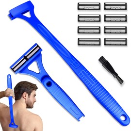 Dexspoeny Back Shaver for Men & Women(DIY), Body Hair Trimmer with Foldable Extra Long Ergonomic Handle, Wet Dry Shaving & Safety Razor Technology with 8 Pcs Ultra Sharp Replaceable Blades (Blue)