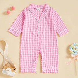 Geagodelia Infant Baby Boy Girl Pajamas Romper Newborn Baby Boys' Full Length Jumpsuit Long Sleeve Plaid Turn Down Collar Button-Down Bodysuits for Baby Sleepwear Loungewear (Pink, 6-12 Months)