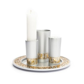 Yair Emanuel Havdalah Set – Matte Silver Anodized Aluminum with Laser Cut Stainless Steel Filigree – Kiddush Cup, Spice Box, Candle Holder and Plate – Elegant Modern Judaica Gift