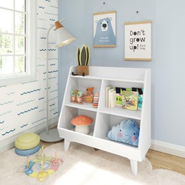 Max & Lily Modern Angled Frankie Bookcase with 3 Shelves and 2 Storage Bins - Stylish Kids' Bookshelf and Toy Organizer, White