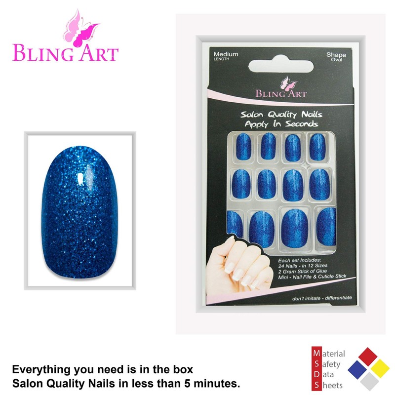 Bling Art Oval False Nails Fake Acrylic Gel Blue Full