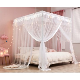 ZIQINPSQ Canopy Bed Curtains - Princess Bed Canopy for Girls - Bed Drapes Netting Mosquito Net for Bed- Bedroom Decoration Accessories (White, Single-1 X Bed Canopy)