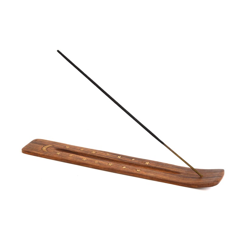 Wooden Incense Holder for Sticks with Inlays of Brass Crescent