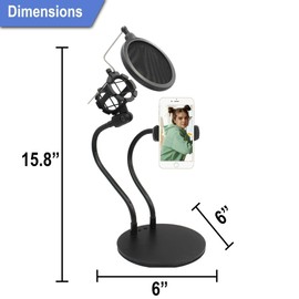 2-in-1 Gooseneck Phone Holder with Microphone Shock Mount Holder & Microphone Pop Filter Flexible Mic Arm - Perfect for Live Streaming, Social Media & Studio Recording and Games by Technical Pro
