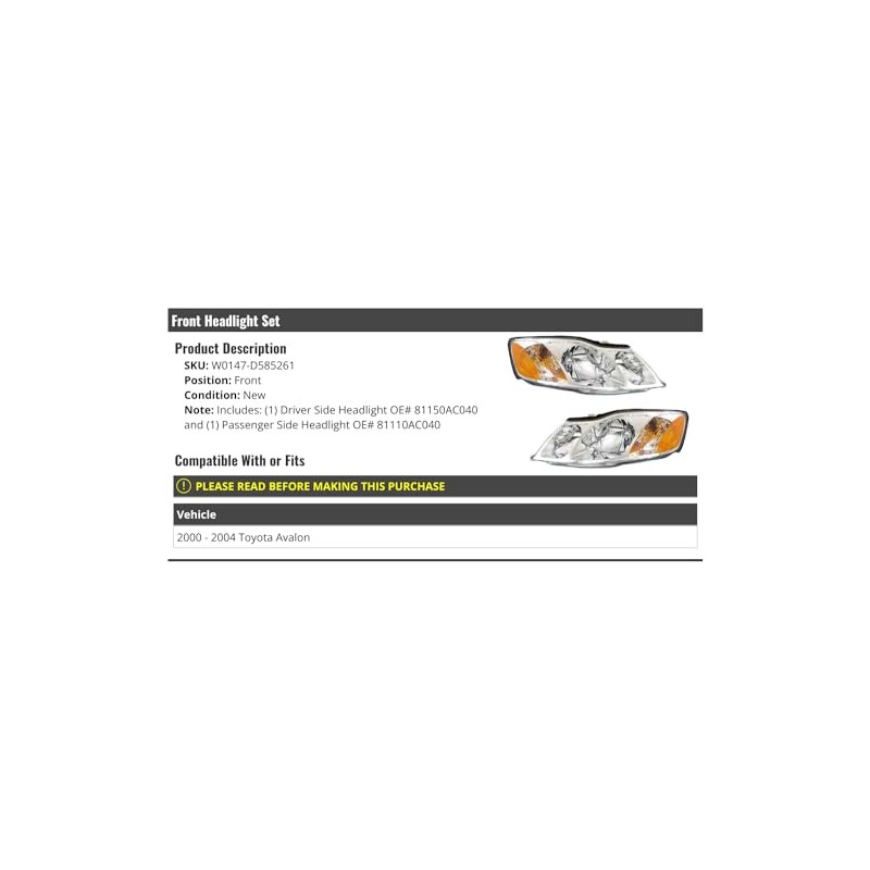 Headlight Assembly Set of 2 - Compatible with 2000-2004 Toyota