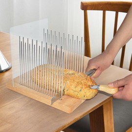 Bread Slicer for Homemade Bread - Bamboo Bread Slicer with Bread Knife, Foldable Cutting Guide, Crumb Tray, Bagels - Bread Cutter Ideal for Loaf Size: 5.5” x 5”