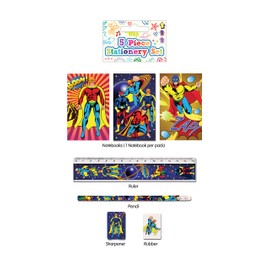 5 Piece Stationery Set - Pencil, Sharpener, Rubber, Ruler, Notepad (Superhero)