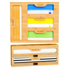 Bamboo Ziplock Bag Storage Organizer - 2 Wrap Dispenser with Cutter & 4 Slots Food Storage Bags Container - Kitchen Drawer Plastic Bags Storage Organization for Gallon Quart Sandwich Snack Bags