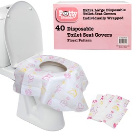  Toilet Seat Covers- Disposable XL Potty Seat Covers Individually Wrapped by Potty Shields - Extra-Large No Slip (Floral - 40 Pack)