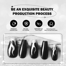 Cihcshe Press on Nails, 100% Handmade Black Fake Nails with Flame Accents, Reusable Stick On Nail Kit with Jelly Soft Gel, Advanced Custom Acrylic Nails Press Ons for Women, 10Pcs